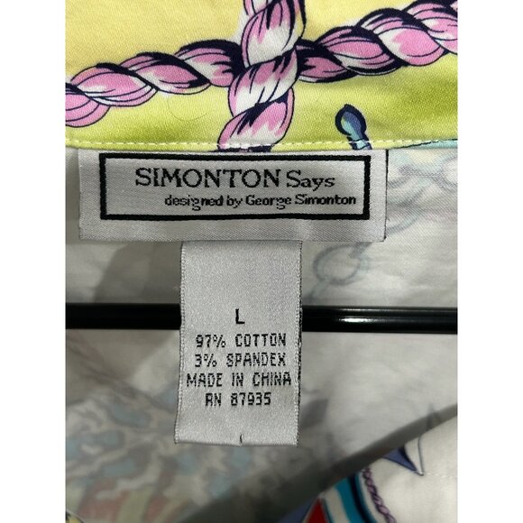 Simonton Says Multicolor Nautical Print Button Down Shirt Size L Stretchy - Picture 6 of 10